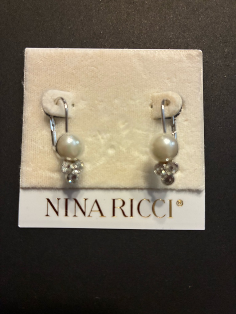 Nina Ricci Nwt Rhodium-Plated Drop Earrings Featuring Pearls And Swarovski Cryst 80$